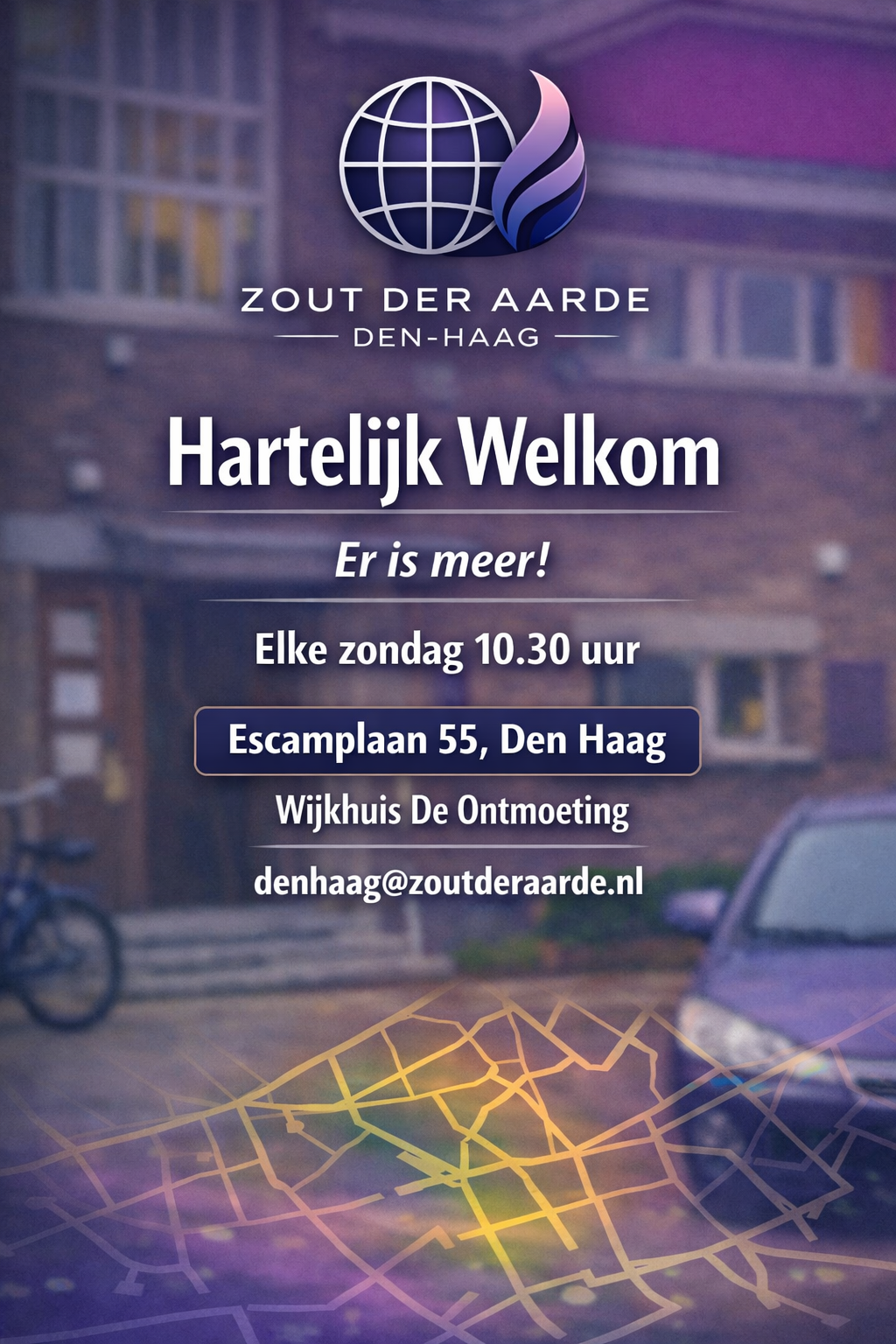 Flyer zondagse diensten van Het Zout der Aarde Den Haag in Wijkhuis De Ontmoeting